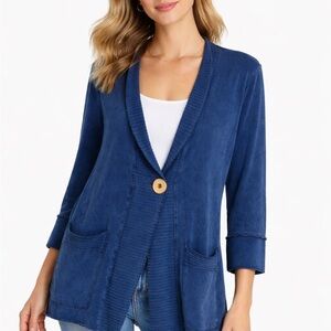Fenini one button cardigan XL 100% cotton lagenlook blue stone washed